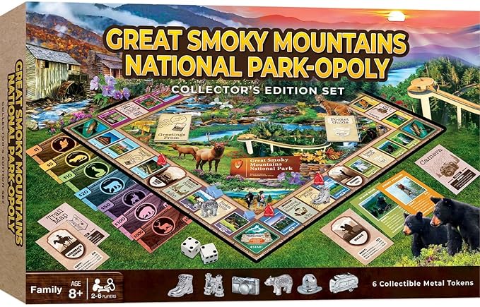 Masterpieces Great Smoky Mountains National Park Opoly - Smoky Mountain Monopoly Game for Adults &amp Kids - Scenic Drive &amp Wildlife Board Game