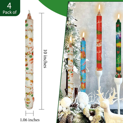 XINAOBAOLUO Taper Candles Christmas Printed 4 PCS 10 Inch Tall Unscented Handmade Tapered Candles for Christmas Dinner Household Wedding Party Housewarming Home Decor