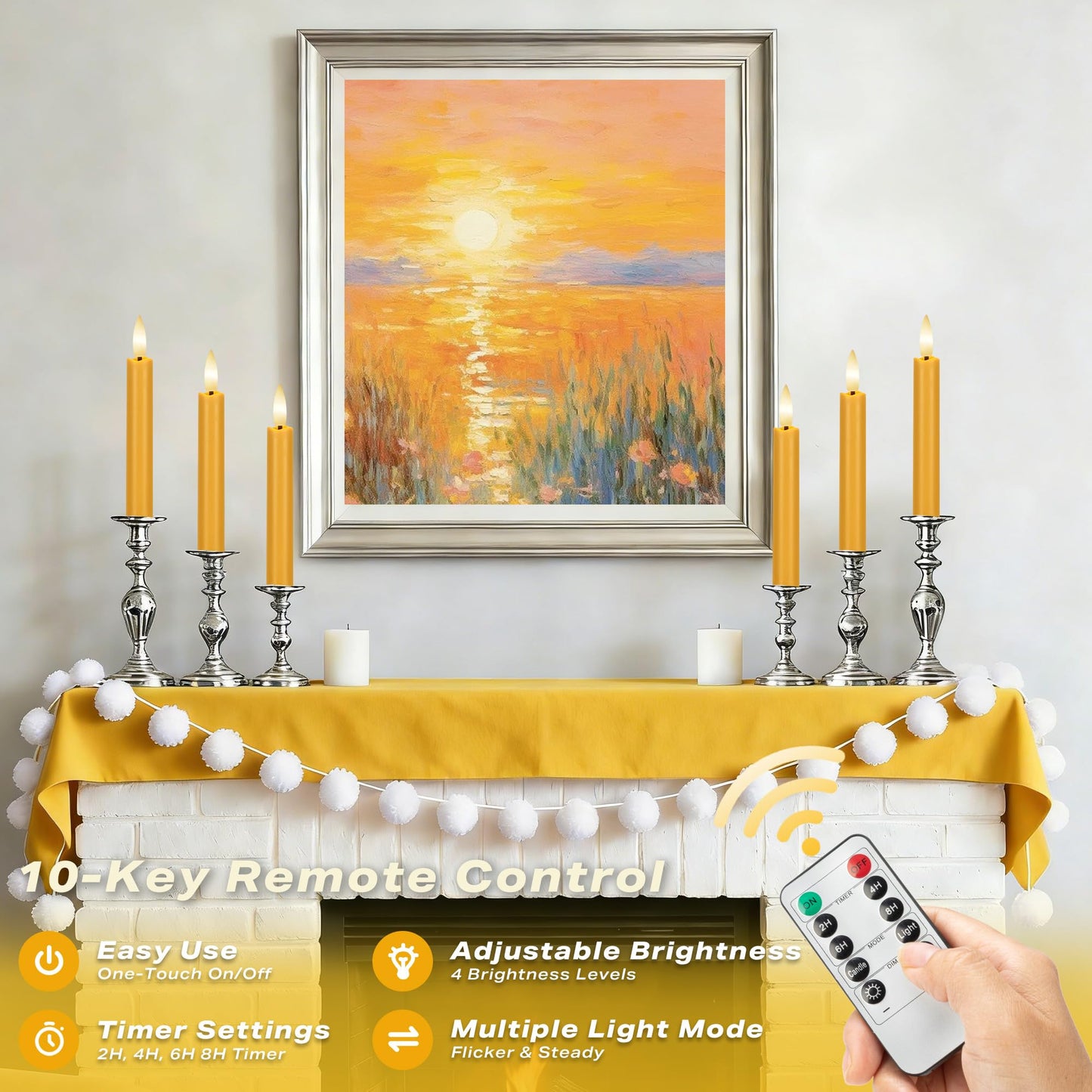 AFINETH Yellow Flameless Taper Candles with Remote, 6.4" Battery Operated LED Candles, Flickering Flameless Candlesticks for Table Centerpieces, Wedding, Farmhouse, Dinner Decor, Set of 6