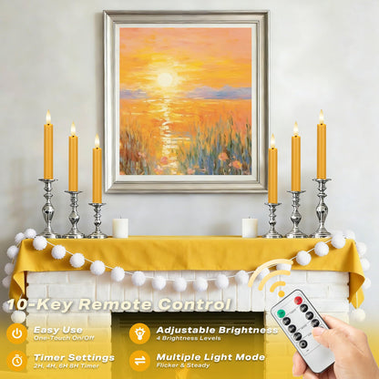 AFINETH Yellow Flameless Taper Candles with Remote, 6.4" Battery Operated LED Candles, Flickering Flameless Candlesticks for Table Centerpieces, Wedding, Farmhouse, Dinner Decor, Set of 6