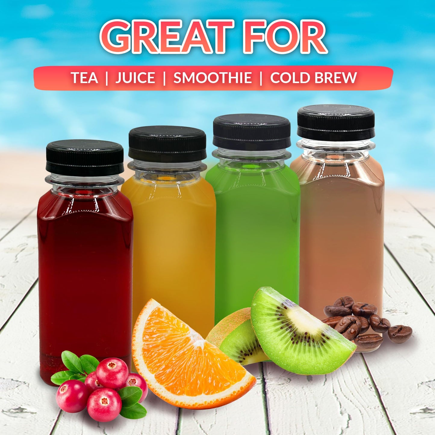 Reli. Plastic Juice Bottles [48 Bulk Pack] [8 oz] Square Plastic Juice Bottles with Caps & Sticker Labels | Clear, Empty for Juicing 8oz | Disposable, Reusable Containers for Juicing, Smoothies