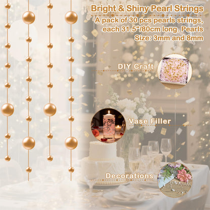 YATOJUZI 30 PCS Artificial Pearl String Rose Gold Vase Filler Floating Pearls for Vases Centerpieces Faux Pearl Beads String Decorations Wedding Holiday Party Decor