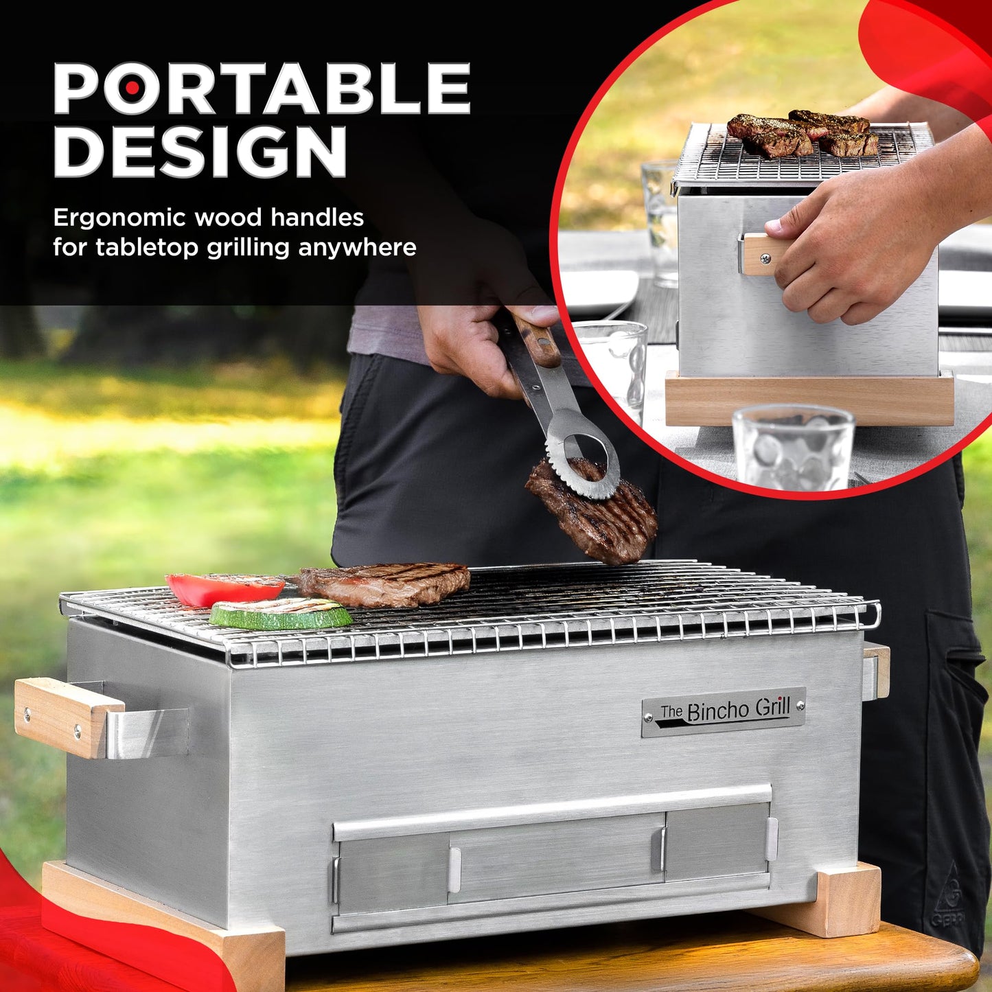 The Bincho Grill 16" Mini Yakitori Grill – Stainless Steel Mini Tabletop Charcoal BBQ with Charcoal Box, Optimized Airflow & Cool-Touch Base - Perfect for Japanese Grilling, Skewers, Meat, Seafood