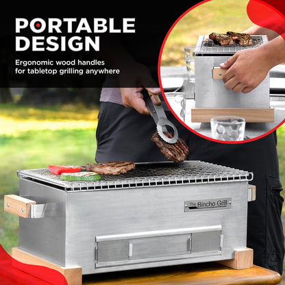 The Bincho Grill 16" Mini Yakitori Grill – Stainless Steel Mini Tabletop Charcoal BBQ with Charcoal Box, Optimized Airflow & Cool-Touch Base - Perfect for Japanese Grilling, Skewers, Meat, Seafood