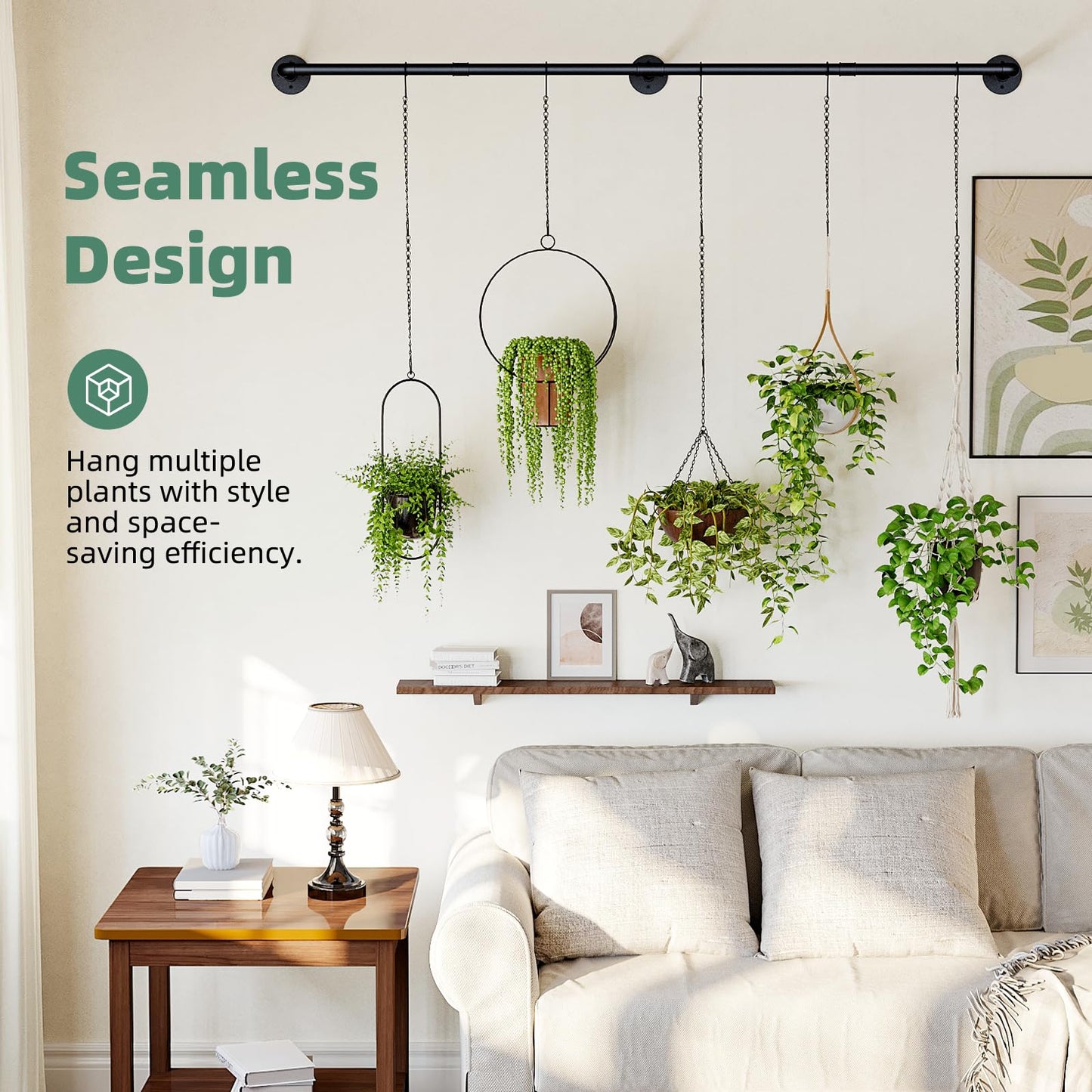 Galood Plant Hanger Indoor with 6 Hanging Chains Hanging Planters for Indoor Plants Hanging Plant Holder Window Plant Rod Black Metal Shelves(70.8 Inch Pot not Included