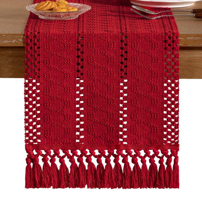 Socomi Boho Table Runner Easter Spring Farmhouse Rustic Dining Kitchen Centerpiece Decor Small Macrame Woven Cotton Linen Coffee Table Runner for Dresser Scarf Home Decor 12x60 in Red