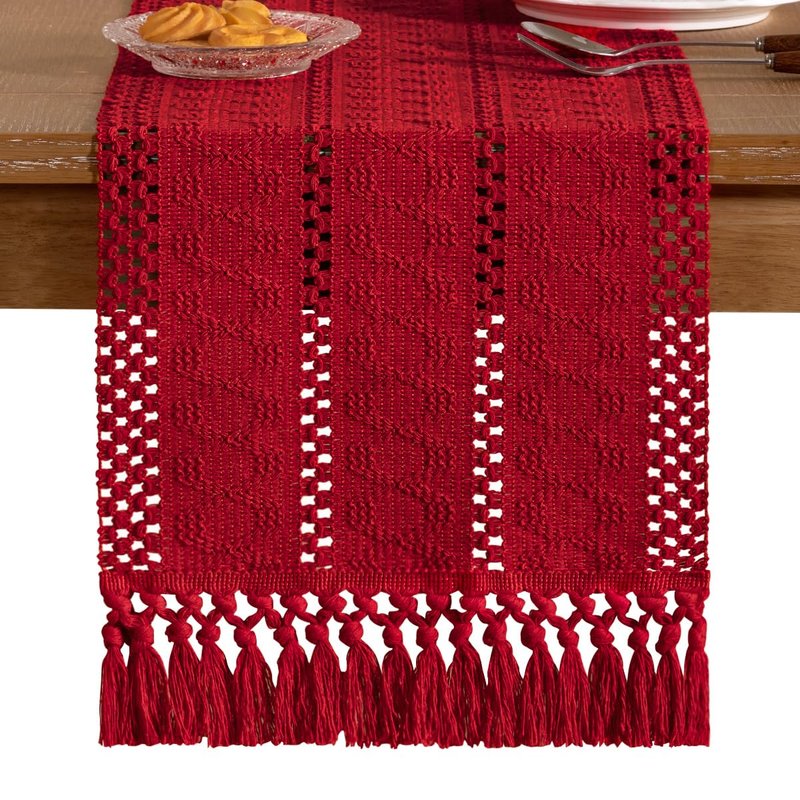 Socomi Boho Table Runner Summer Farmhouse Rustic Dining Kitchen Centerpiece Decor Small Macrame Woven Cotton Linen Coffee Table Runner for Dresser Scarf Home Decor 12x48 in Red