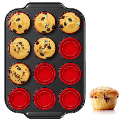 KH866 Silicone Muffin Pan with Metal Frame Nonstick 12 Cup Regular Size Cupcake Tin Bakeware Easy to Pop Egg Bite Molds Oven and Dishwasher Safe Pan Maker Tins Red Cups Non Toxic Baking Cup