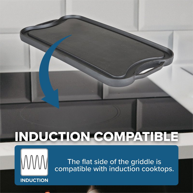 Viking Griddle, 20 Inch Reversible Cast Iron Grill Pan, Pre-Seasoned, Oven Safe, Induction Ready, Black