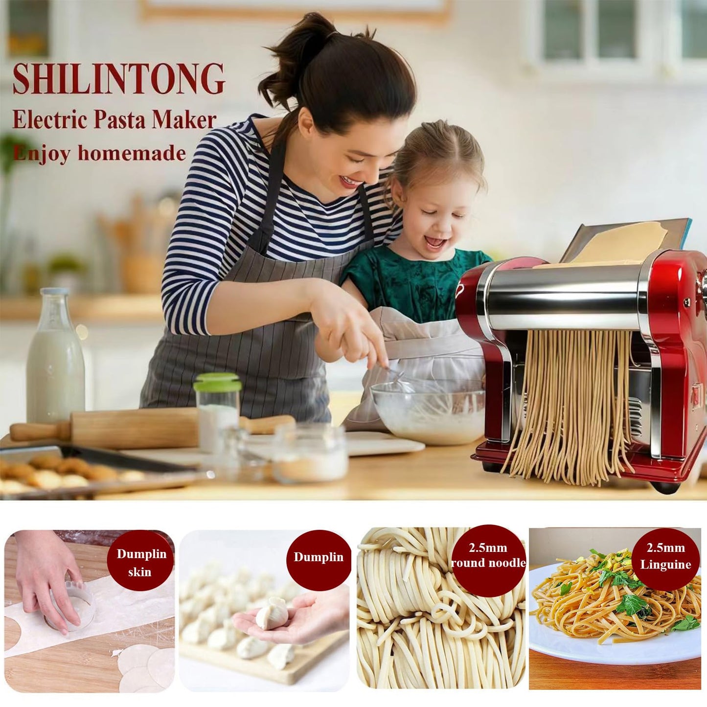 SHILINTONG Electric Pasta Noodle Maker Machine, Built-in 2.5 mm Blade, Dough Width 14 cm, 0.3-4 mm Adjustable Thickness, Output 5Kg/H for Home & Commercial Use
