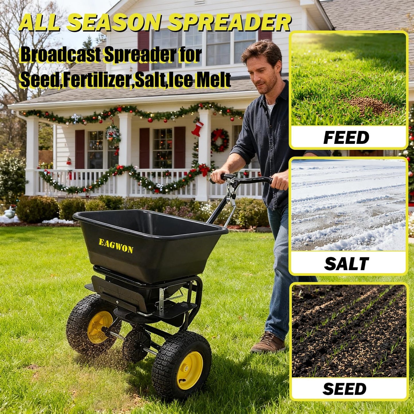 EAGWON Fertilizer Spreader, Walk-Behind Push Broadcast Spreader - All Season, 100lb Capacity, 13in All-Terrain Pneumatic Tires, Grate/Cover/Enclosed Gearbox, for Seed/Fertilizer/Salt/Snow Melt
