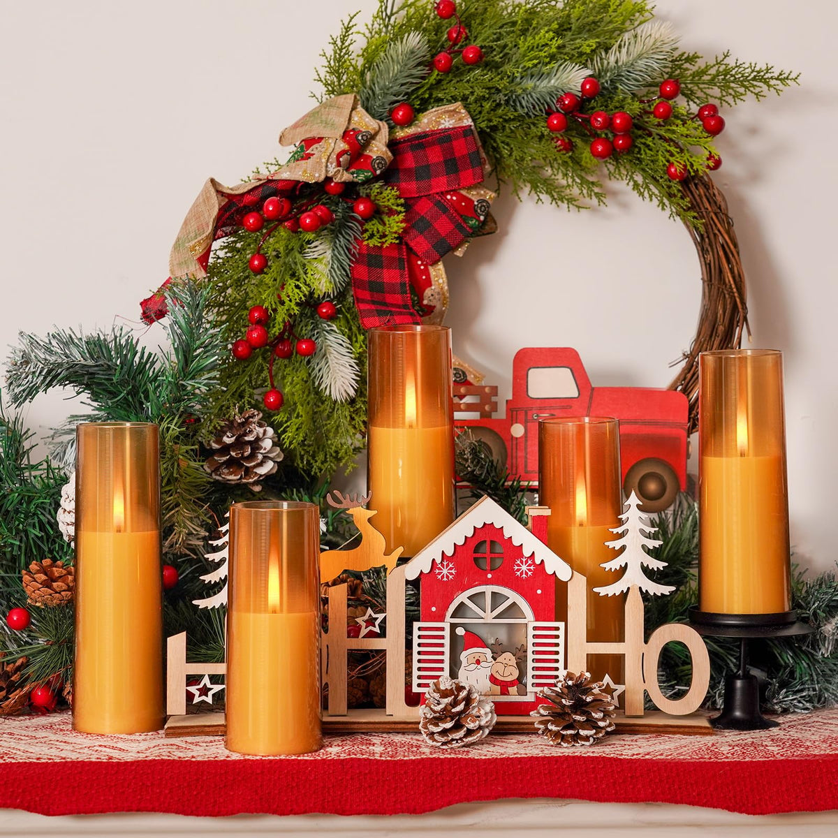 Homemory Amber Flameless Battery Operated LED Candles with Remote Control, Flickering Pillar Candles, 7-Piece Set for Multi-Use Decor, Timer Function Included