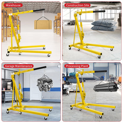 Garvee 2-Ton Folding Engine Hoist Cherry Picker 4400 Lb Capacity Hydraulic Shop Crane with Telescoping Boom 6 Caster Wheels for Automotive Repair Garage Use Includes Hitch and Storage Stand Yellow