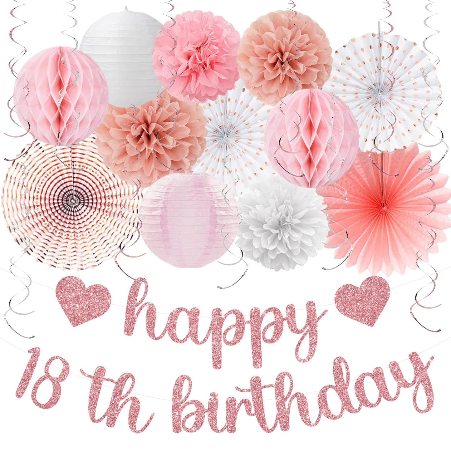 Vlipoeasn Pink White Rose Gold 18th Birthday Decorations, 18th Birthday Paper Lanterns, Tissue Pom Poms Fan,Honeycomb Ball, Happy 18 Year Old Party Supplies for Girls