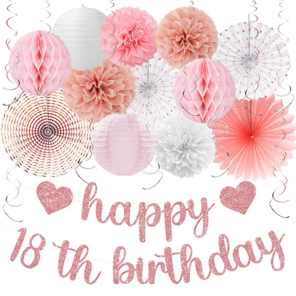 Vlipoeasn Pink White Rose Gold 18th Birthday Decorations, 18th Birthday Paper Lanterns, Tissue Pom Poms Fan,Honeycomb Ball, Happy 18 Year Old Party Supplies for Girls