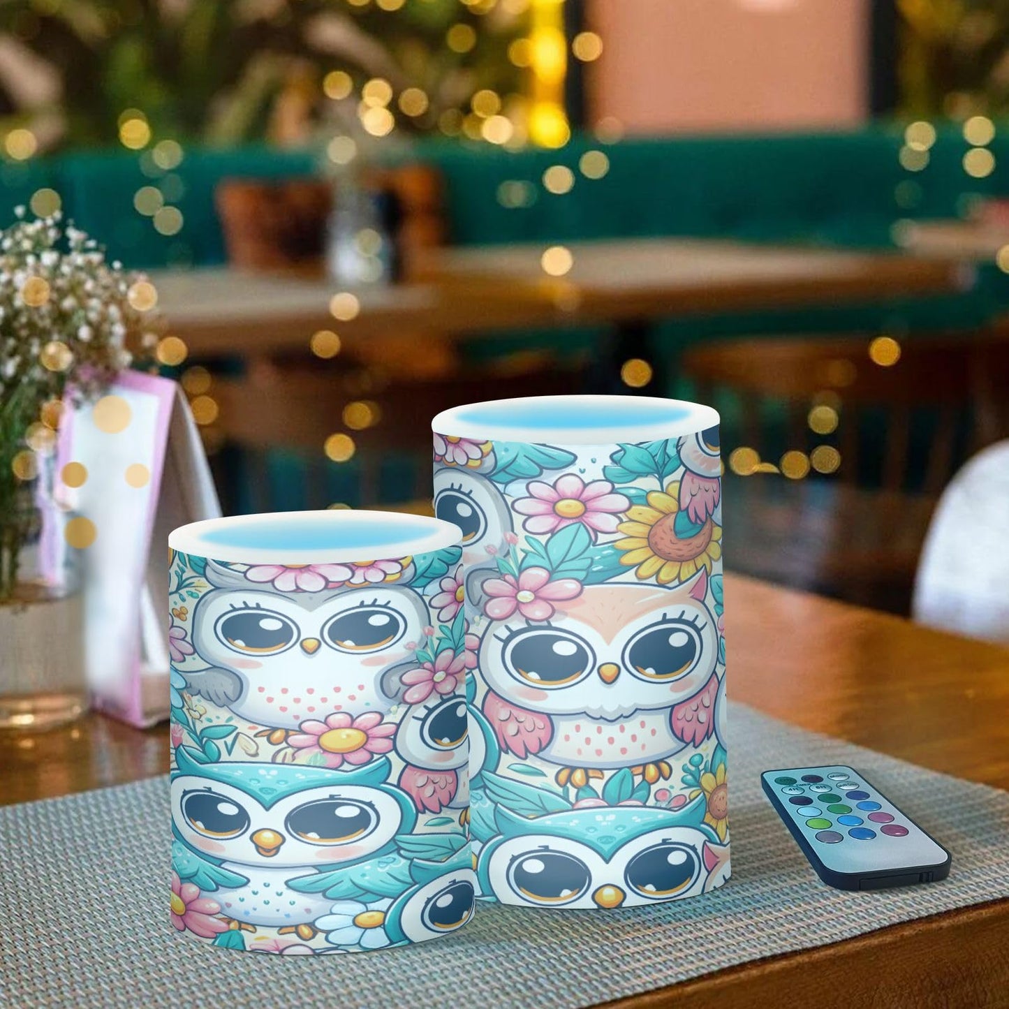 ALAZA Little Cute Owl Flowers Flameless Candles, LED Pillar Candles with Remote Timer, Battery Operated Candles Set of 2