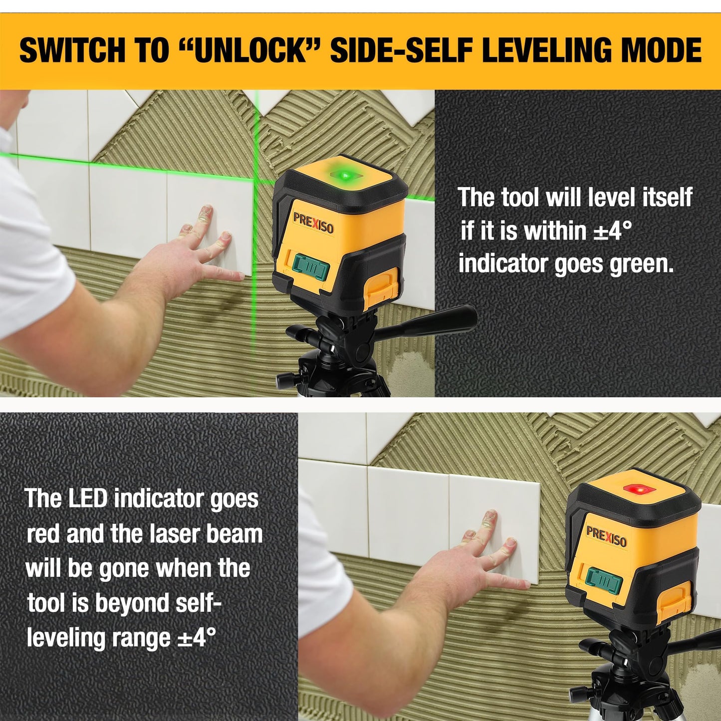 PREXISO Laser Level with Tripod, 65Ft Self Leveling Cross Line Laser Level, Green Line leveler Tool for Hanging Pictures, Home Renovation with LED Indicator & 2 AA Batteries (31-1/2 inch Tripod)