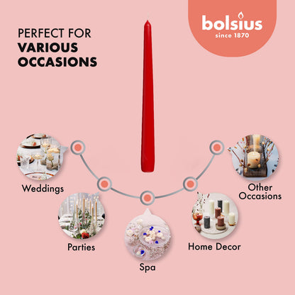 BOLSIUS Red Taper Candles - 4 Pack Unscented 10 Inch Dinner Candle Set - 8 Hours Burn Time - Premium European Quality - Smokeless and Dripless Household, Wedding, Party, and Home Decor Candlesticks