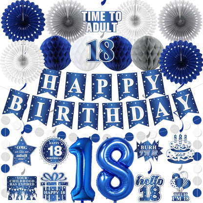 Vlipoeasn 18th Birthday Decorations Set for Boys, Blue Silver 18 Year Old Birthday Banner, Paper Fans,Bruh I'm 18 Party Supplies