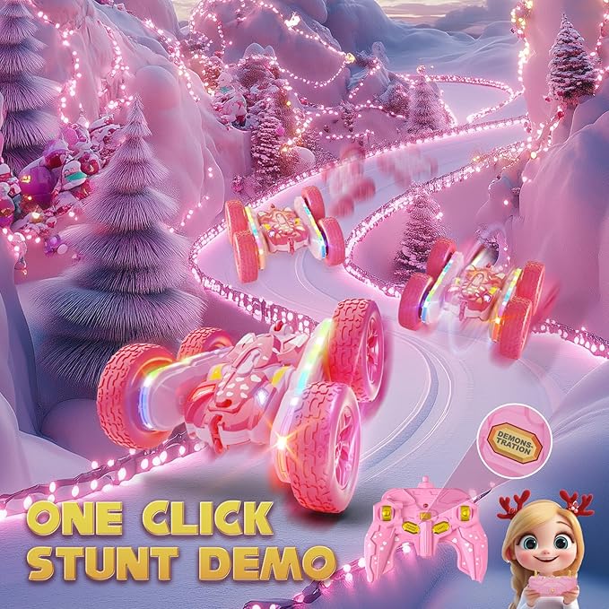 Remote Control Car for Girls Pink RC Cars Stunt RC Car Girl Toys for Girls Double-Sided 360° Rotating with Headlights 4WD Kid Toys for Birthday Gifts (Pink)