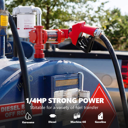 12V 15 GPM Fuel Transfer Pump with Discharge Hose, Automatic Nozzle, Premium Filter Package, Suitable for Gasoline, Diesel, Kerosene, Ethanol & Methanol Blends