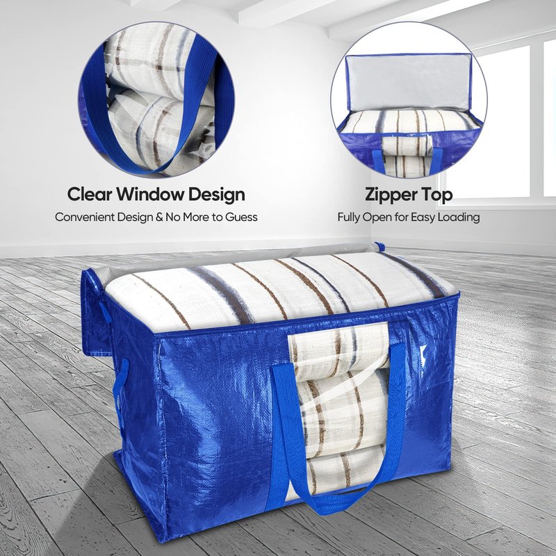 BALEINE 8-Pack Oversized Moving Bags with Reinforced Handles, Heavy-Duty Storage Tote Moving Supplies for Packaging, Camping (Blue w/Window, 8-Pack)