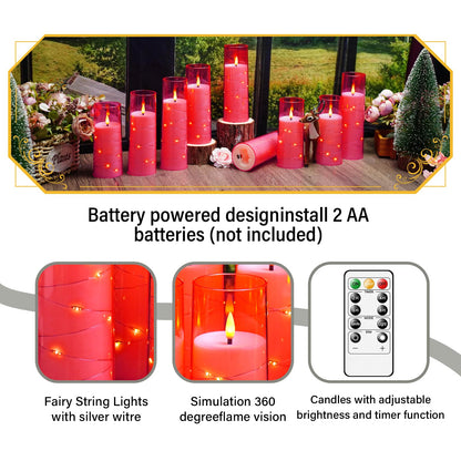 Eebuss Flameless Candles with Embedded Star String, Battery Operated LED Pillar Candles with Timer and Remote Control,Home Decorating for Ambiance， Set of 7 (Pink)