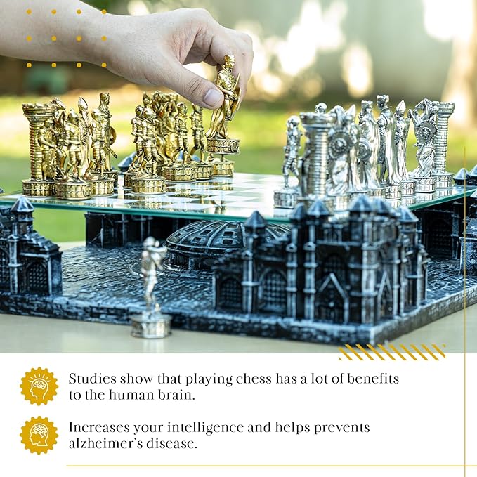 Renaissance Knight 3D Chess Set – Unique Chess Board Set - Durable Gold and Silver Metal Pieces - Tempered Glass Board and Polyresin Base