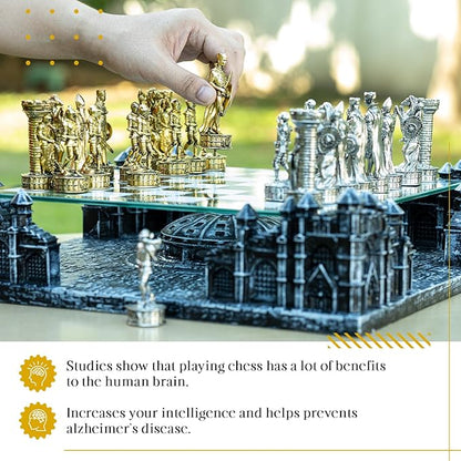 Renaissance Knight 3D Chess Set – Unique Chess Board Set - Durable Gold and Silver Metal Pieces - Tempered Glass Board and Polyresin Base
