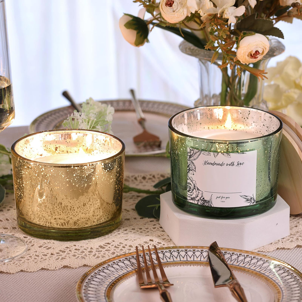Simeitol 16 OZ Gold Candle Jars for Making Candles 6 Pcs, Glass Candle Jar with Airtight Bamboo Lids - Empty Candle Jars Bulk with Sticky Warning Labels - for Home, Wedding, Christmas Decoration