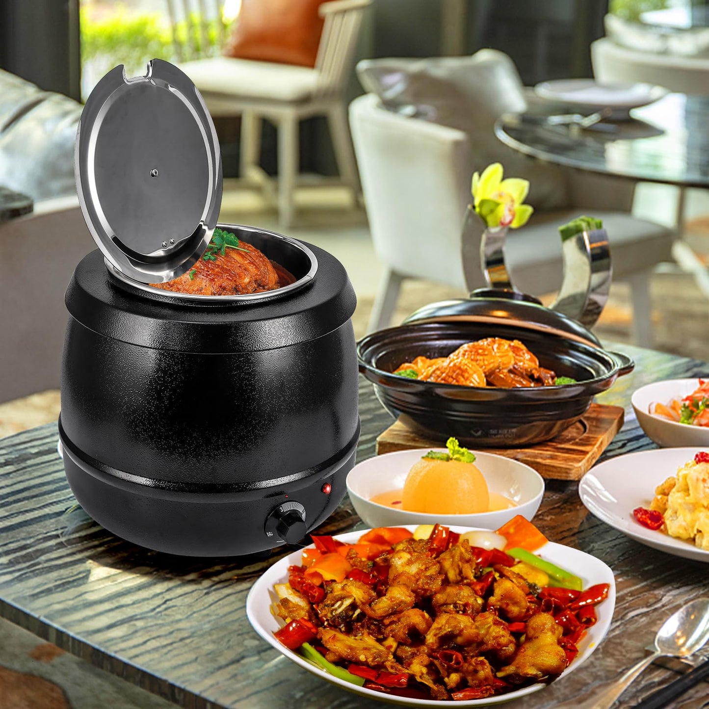 DEXSO 10.5Qts Commercial Soup Kettle Warmer with Hinged Lid and Detachable Stainless Steel Pot - Ideal for Parties, Buffets, and Catering Events
