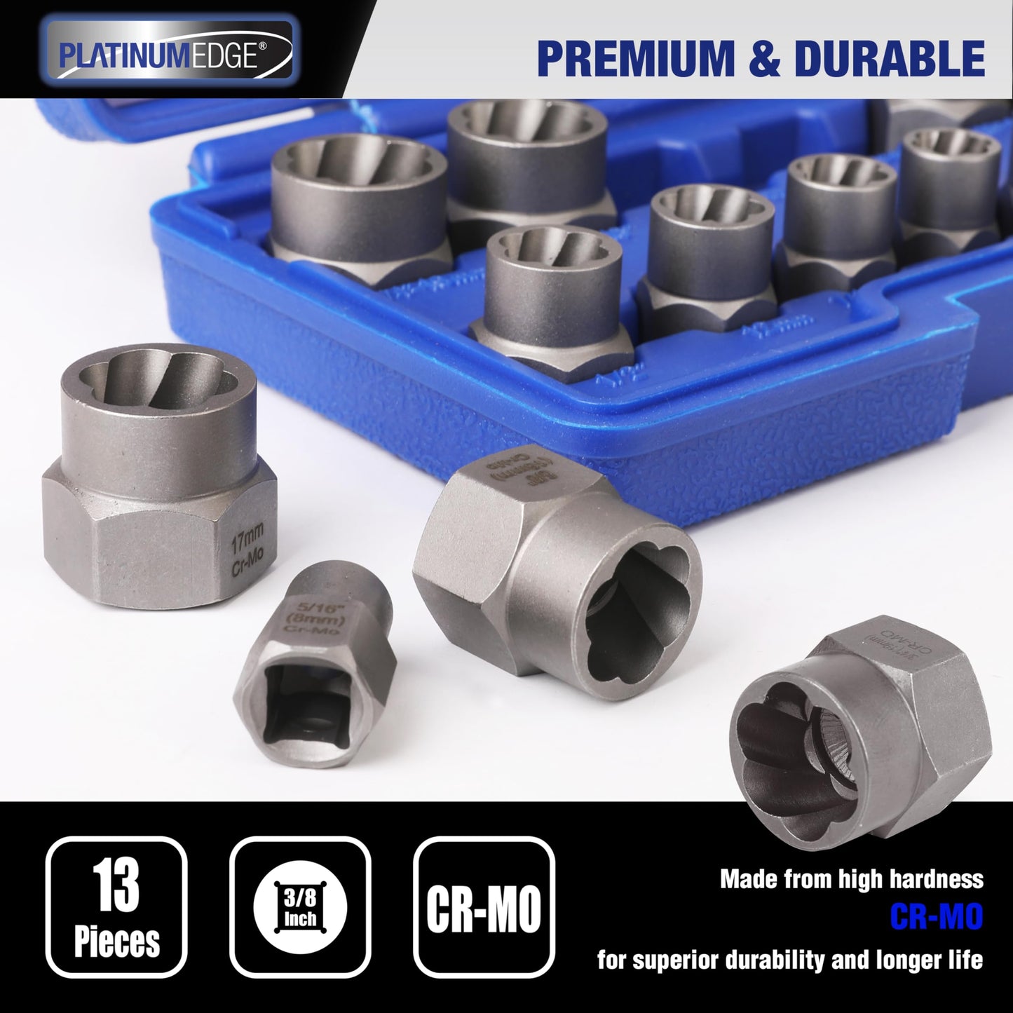 PLATINUMEDGE 13 Pieces Impact Bolt & Nut Remover Set, Stripped Bolt Extractor Set, Cr-Mo Extraction Tool Set with Solid Storage Case, Easy Out Rusted Rounded Damaged Nuts and Bolts
