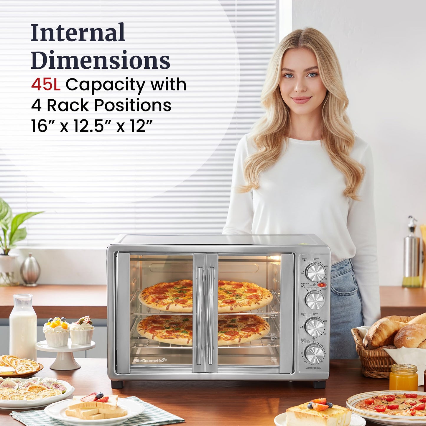 Elite Gourmet ETO4510B# French Door 47.5Qt, 18-Slice Convection Oven 4-Control Knobs, Bake Broil Toast Rotisserie Keep Warm, Includes 2 x 12" Pizza Racks, Stainless Steel