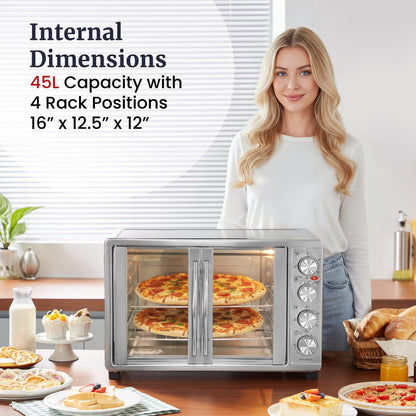 Elite Gourmet ETO4510B# French Door 47.5Qt, 18-Slice Convection Oven 4-Control Knobs, Bake Broil Toast Rotisserie Keep Warm, Includes 2 x 12" Pizza Racks, Stainless Steel