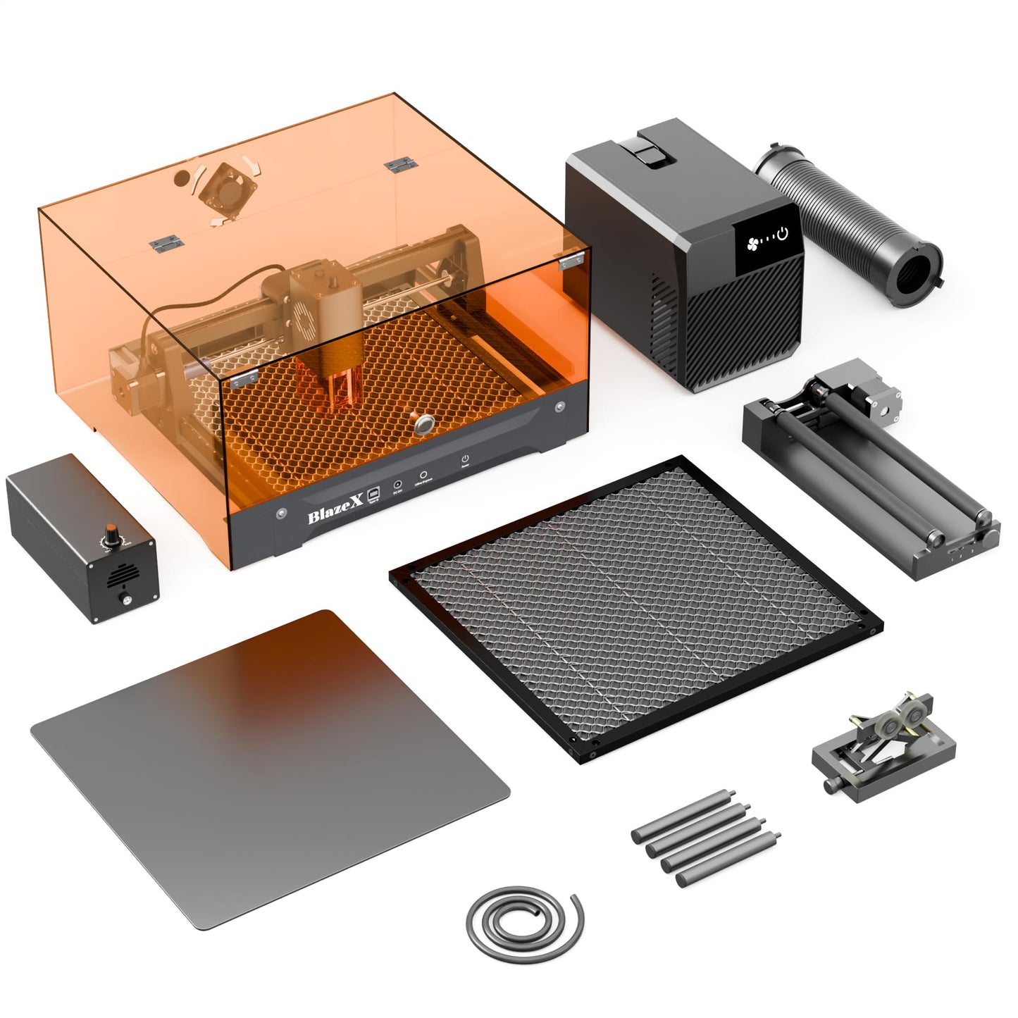 BlazeX M3 10W Laser Engraver Ultimate Bundle with Rotary Roller and Risers Kit, Air Purifier, Air Assist, Honeycomb Bed, Enclosure, Engraving Materials, Class 1