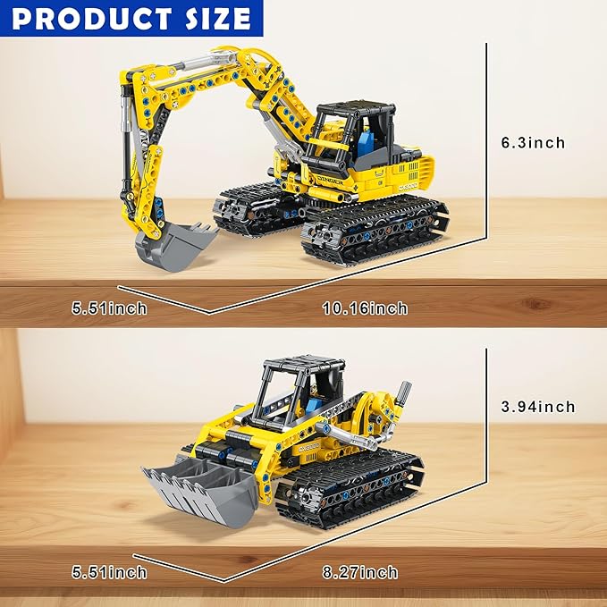 2-in-1 Excavator &amp Bulldozer Building Kit - 399 Pieces STEM Educational Construction Toys for Kids Creative Birthday Gift Idea