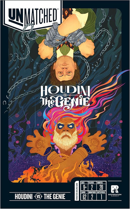 Restoration Games Unmatched Houdini vs The Genie - Strategy Board Game for 2 to 4 Players - Heroes Expansion with Miniatures Unique Decks and Abilities - 20 Min Playtime - Ages 9+