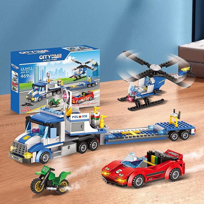 City Police Truck and Trailer Building Toy Compatible with Lego 469 Pcs Fun Educational STEM Learning Block Set Gift for Boys &amp Girls Age 6-12 Years Old
