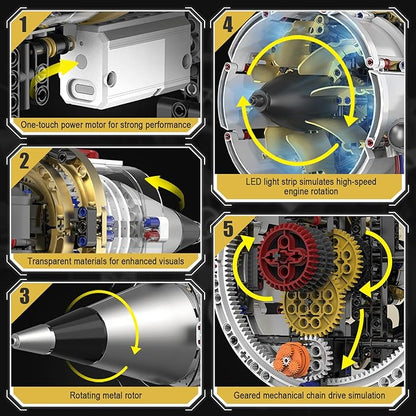 HIGH GODO Jet Engine Building Set Mini Engine Model Kit that Runs Visible Aircraft Turbofan Engine Kit with Motor Lights &amp App Control STEM Toys Gifts for Adults Teens Age 14+ (564 PCS)