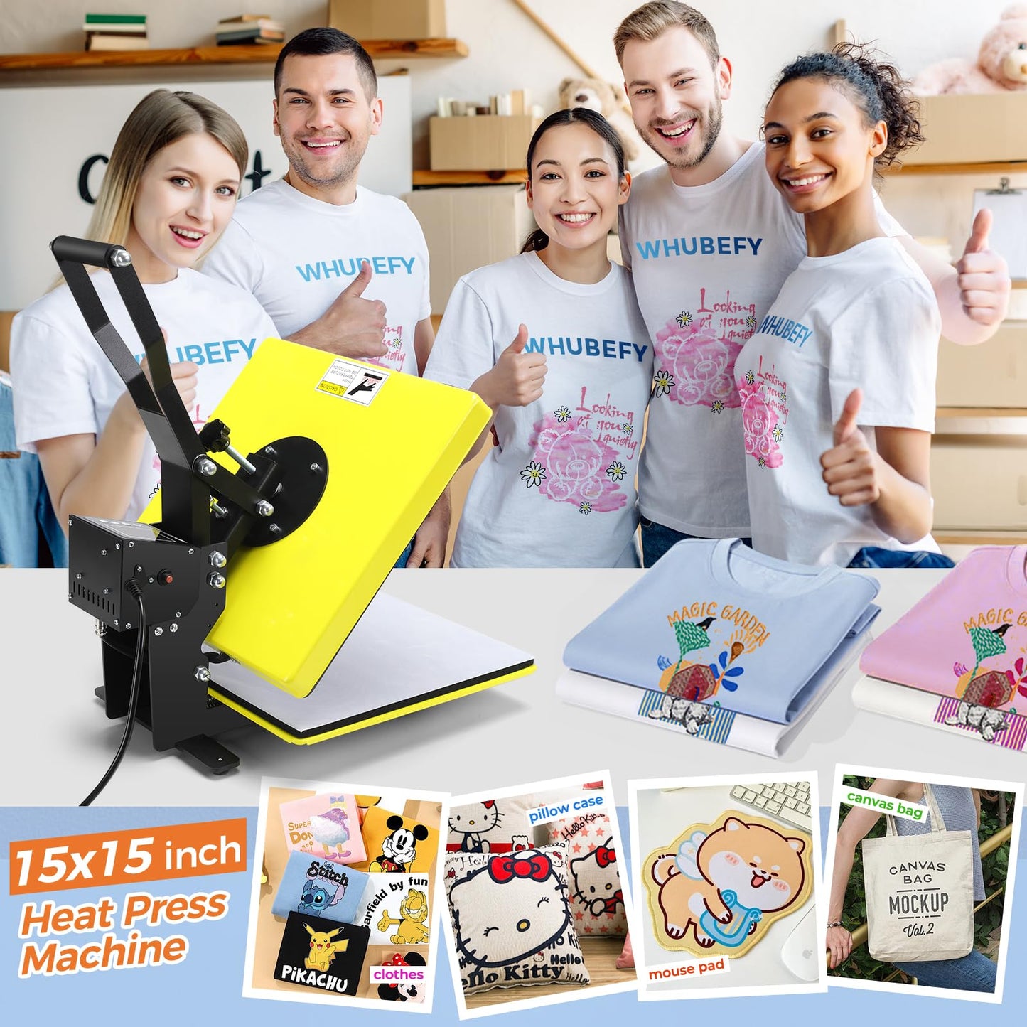 Whubefy Heat Press Machine 15x15 Slide Out, Digital Clamshell Heat Press Machine for T Shirts Printer, Heat Up Fast & Even, Sublimation Shirt Press Machine for Mouse Pad, Pillows, Coasters, Puzzles