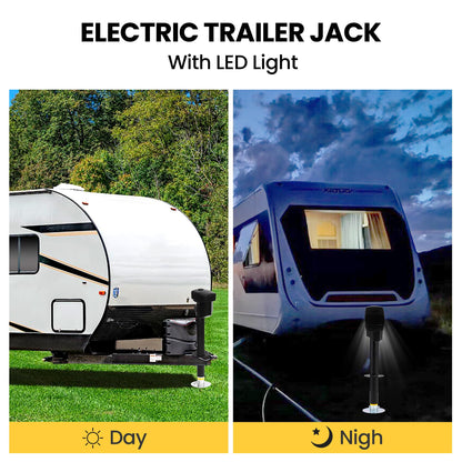 12V Electric Tongue Jack 5000lb A-Frame Heavy Duty Trailer Jack 18” Travel Add 4.5” with The Drop Foot & LED Light for Travel Trailer Camper, Protective Cover Included