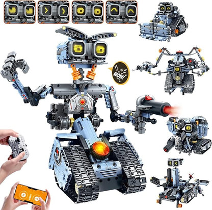 Changeable LED Eyes Robot Building Set- 5 in 1 Remote &amp App-Controlled Robotic Building Block RC Elephant/Bulldozer/Tank/Tracked Model Kit Toys Gift for Kids Boys Girls Teens Age 12+ Years Old