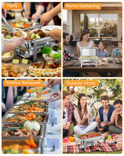 IDEALHOUSE 4-Pack Buffet Chafer Set, Thickened Stainless Steel Food Warmer, 8QT Rectangle Chafing Dishes with Lids & Foldable Frame for Catering & Large Events