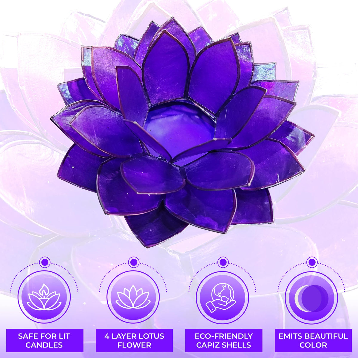 Moonshadow Handmade Capiz Shell Lotus Tea Light Holder, Elegant Flower Design with Natural Translucent Finish, Ideal for Home Decor, Meditation, Weddings & Serene Centerpieces, Purple