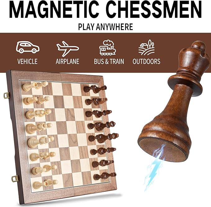 AMEROUS 17'' Magnetic Wooden Chess Set for Adults Kids - with Folding Board Gift Package Pieces Storage Slots Handmade PiecesChess Board Game Set for Tournament Professional Beginner