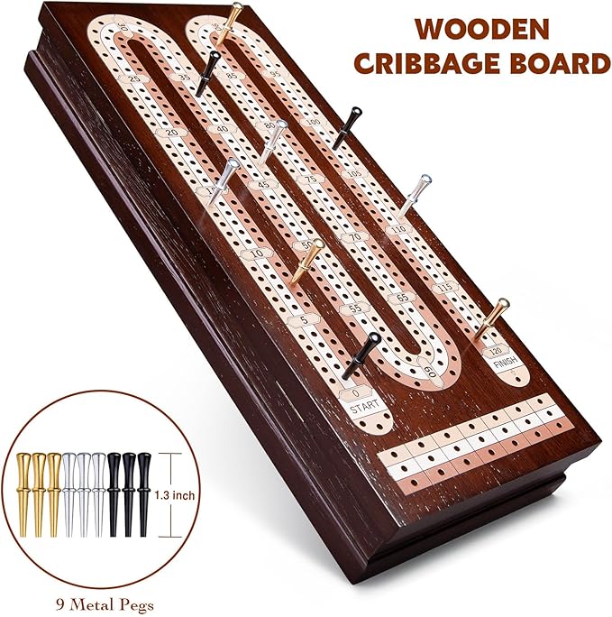 AMEROUS Wooden Cribbage Board Game Set with Magnetic Lock / 9 Metal Pegs / 2 Decks of Playing Cards/Larger Storage Area/Instruction Classic Tabletop Game for Family (3 Track Board)