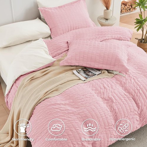 HYMOKEGE Twin XL Comforter Set - 5-Piece Seersucker Luxury Bedding in Pink/Ivory for All Seasons