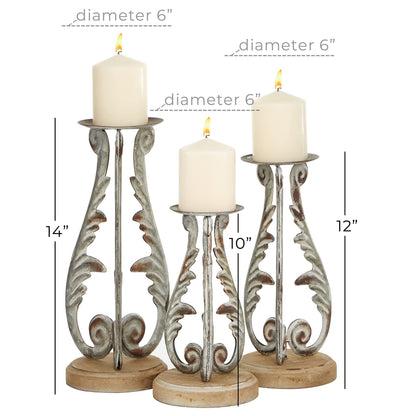 Deco 79 Metal Solid Candle Holder, Set of 3 14", 12", 10"H, Silver