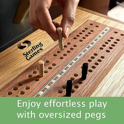 Sterling Games Extra Large Extra Long Cribbage 16 Wooden Game Board 2 Persons Double Track Board with 1/4 Holes and Italian Inlaid Large Wooden Pegs Great for Seniors and Children