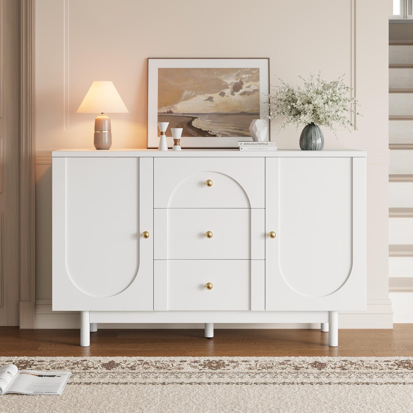 OneBlis Buffet Cabinet with Drawers, 54" Large Sideboard Buffet Storage Cabinet with Adjustable Shelves and Doors, Modern Coffee Bar Station Kitchen Table for Kitchen, Dining Room, White